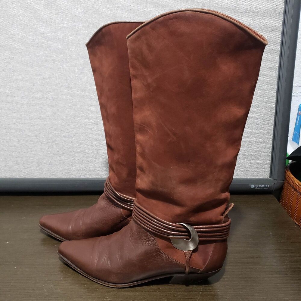 Vtg Via Spiga Brown Nubuck Suede & Leather Boots Western Style Made in Italy 6